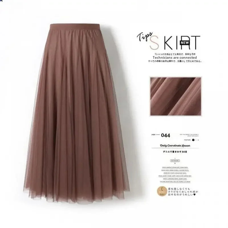 Elegant High-Waisted Pleated Mesh Skirt – Women's Chic A-Line Long Dance Skirt
