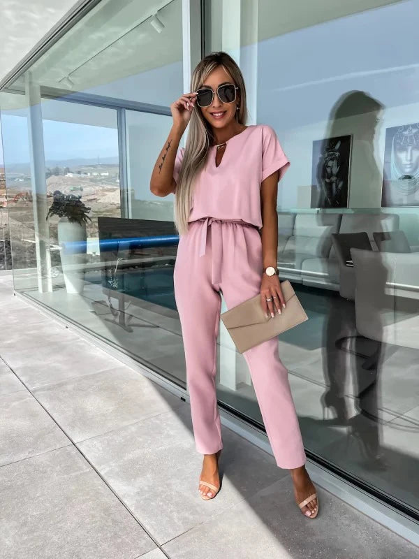 2023 Women’s Solid Color Short Sleeve V-Neck Lace-Up Jumpsuit with Pockets