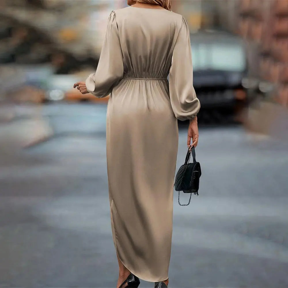Elegant Satin Long Sleeve Midi Dress – Round Neck Slim Party Dress for Women