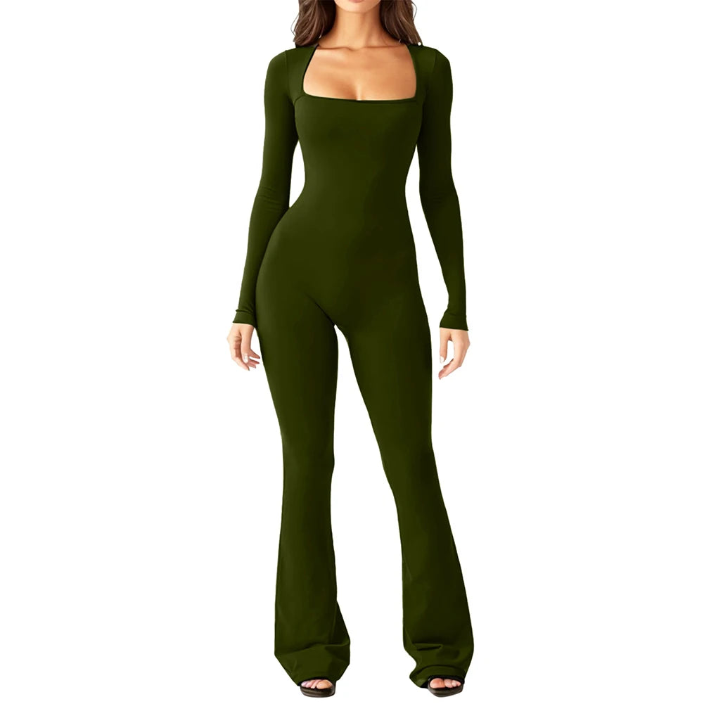 Elegant Square-Neck Flared Jumpsuit – Women's Long-Sleeve Slim Fit Bodycon Romper for Autumn