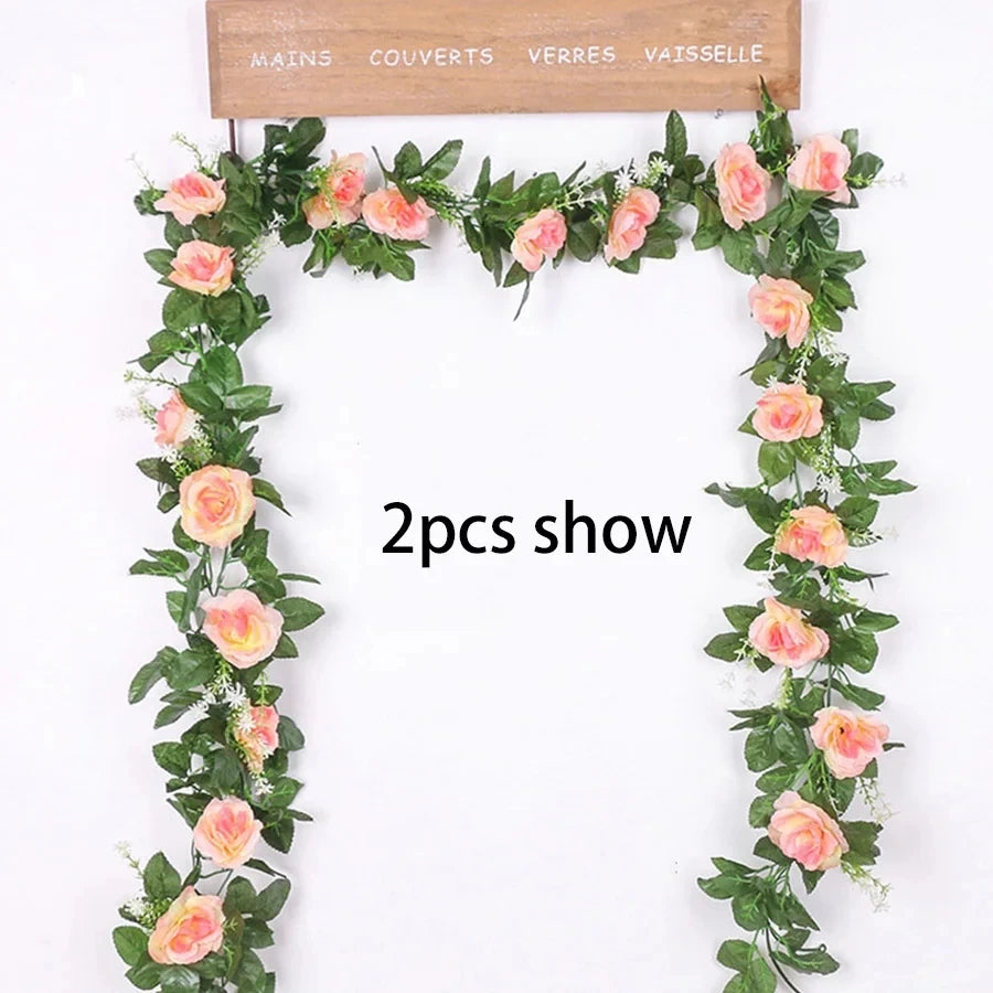 Artificial Rose Garland Vine – Silk Hanging Flowers with Leaves for Wedding, Wall & Home Decoration