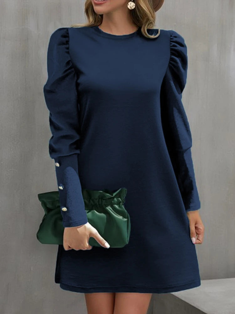 Elegant Autumn A-Line Midi Dress – Casual Loose Long Sleeve Black Dress for Women