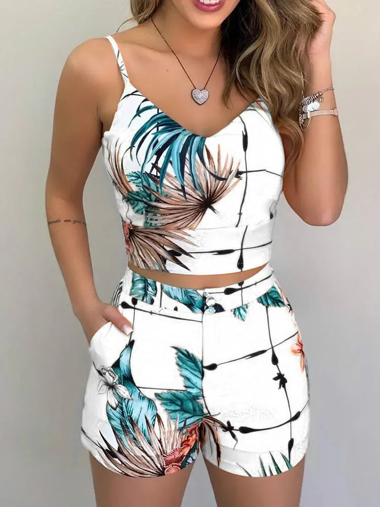 Print Spaghetti Strap Crop Top & Shorts Set - Casual Summer 2-Piece Outfit