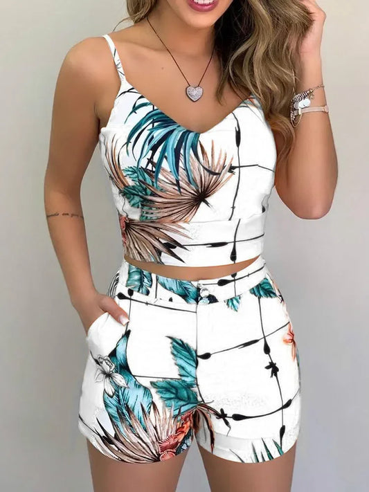 Women's Summer 2-Piece Set – Printed Spaghetti Strap Crop Top & Shorts